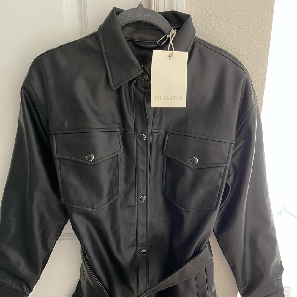 Pull&bear faux leather jacket/shirt in black